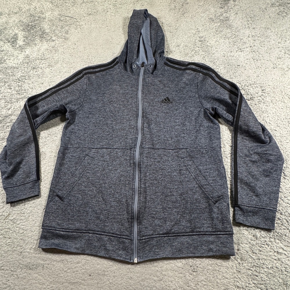 Adidas Mens 3 Stripe Full Zip Fleece Hoodie Size Medium Heathered Blue Gray